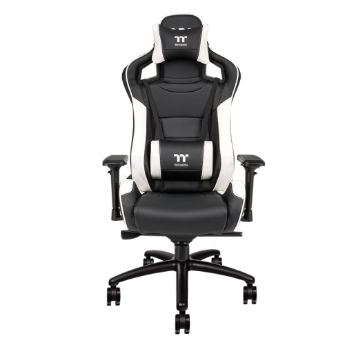 كرسي ألعاب احترافي من Thermaltake، جلد PU أسود وأبيض، قابل للتعديل مع دعم قطني وعصعص